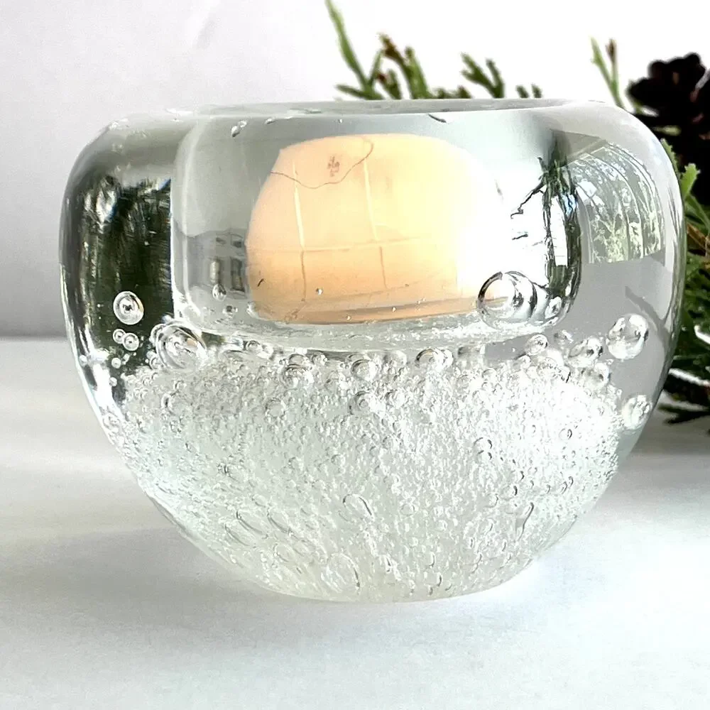 Hand Blown Clear Art Glass Large and Small Bubbles Candle Holder Paperweight